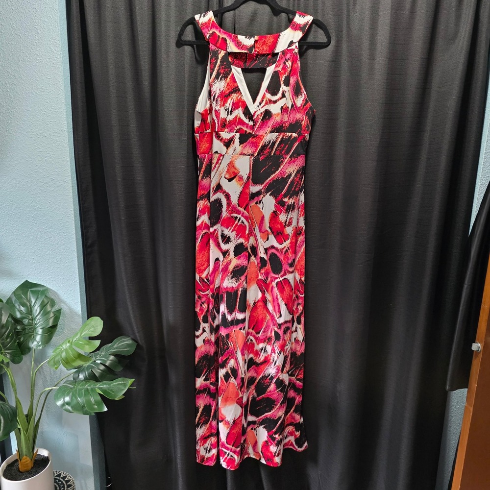 Bisou Bisou Pink‎ Abstract Butterfly Wing Maxi Dress Cutout Halter SZ Large *